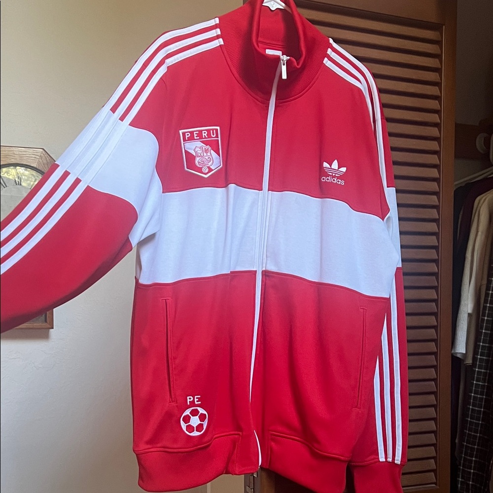 Adidas Red and White Men's Varsity Jacket